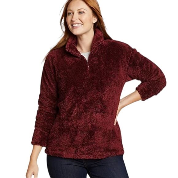 Eddie Bauer Quest Plush 2.0 Jacket Burgundy Teddy Quarter Zip Mock Neck Jacket - Picture 1 of 9